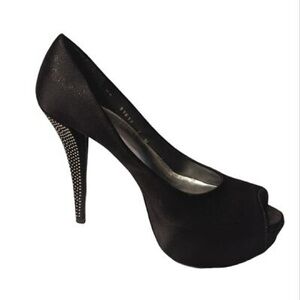 Stuart Weitzman Black Satin Platform Pumps – Crystal Heel